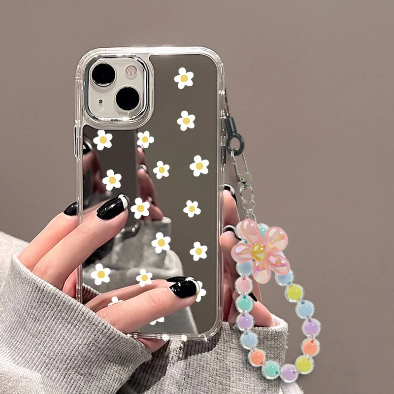 Tulip Wrist Chain Lanyard Cosmetic Mirror Phone Case for iPhone 16 Pro Max 11 12 13 15 14 ProMax Plus XR XS Max Phone Case Cover