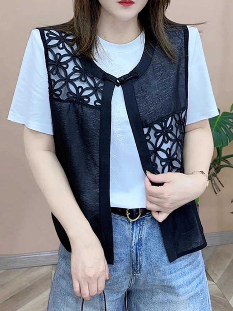 

Новый китайский жилет Sle Bla, женский летний жилет в стиле ретро, национальный дизайн, круглый топ с пуговицами Ne oulder Pad Jaet Top