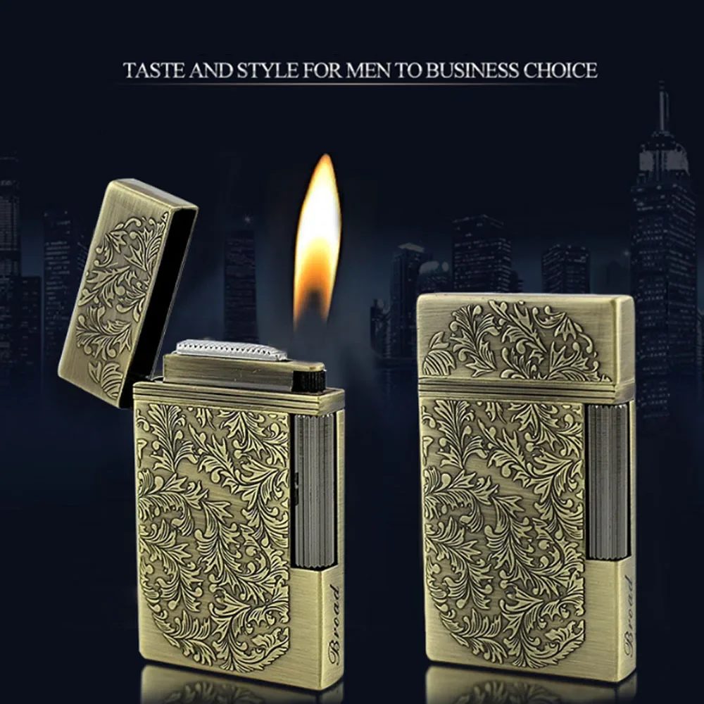 Vintage Metal Floral Pattern Ping Sound Gas Lighter Grinding Wheel Flint Cigarette Lighters Smoking Accessories Gadget for Men