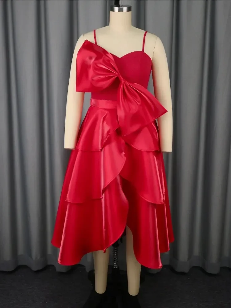 Red Asymmetric Dress with Off-Shoulder Design Large Bow Layered Ruffle Hem Perfect for Galas And Special Occasions