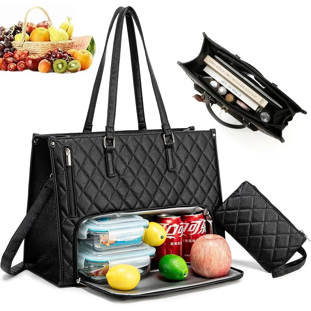 Borsa per il pranzo da donna con grande capacità, borsa termica per laptop da 15,6 pollici con portamonete e scomparto per il pranzo, borsa a mano per computer