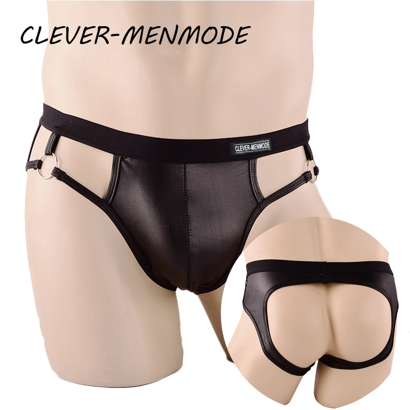 Men\'s Sexy Underwear PU Faux Leather Briefs Bulge Penis Pouch Thong U Convex Backless Bikini Open Butt Jockstrap Fetish Lingerie