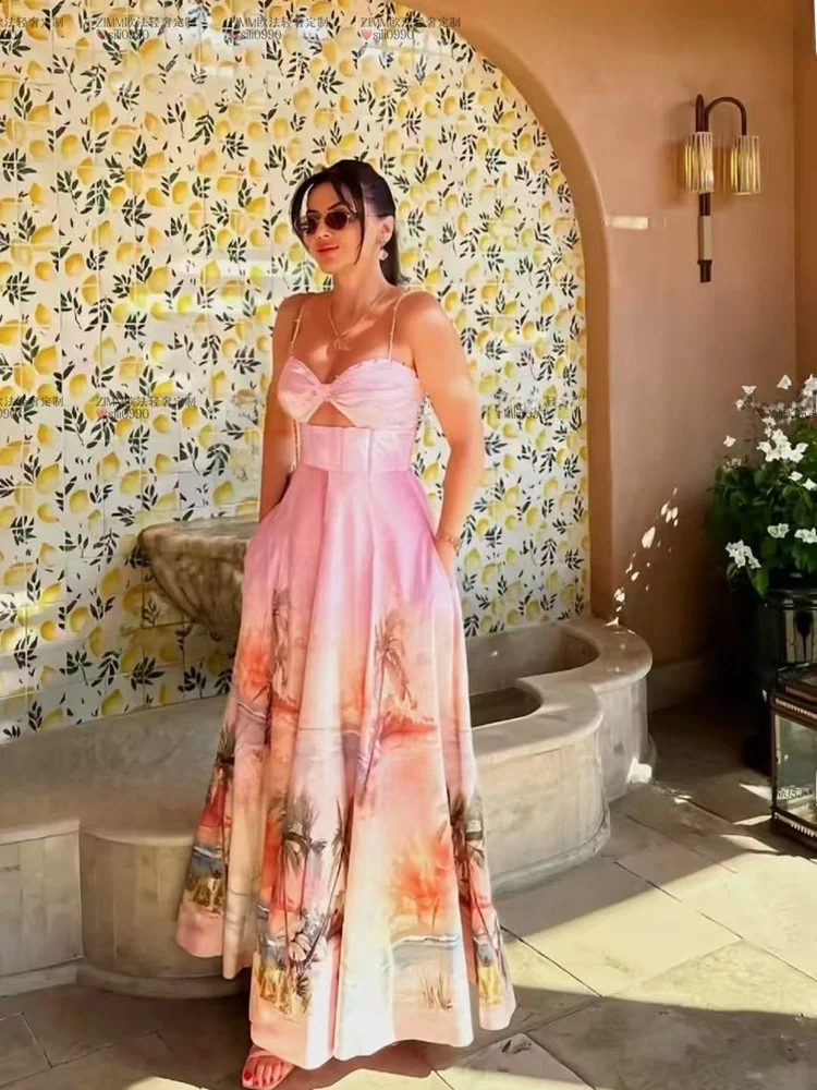   Abito Lungo Floreale con Cintura per Vacanze, in Misto Cotone, Gonna a Linea A per Donne