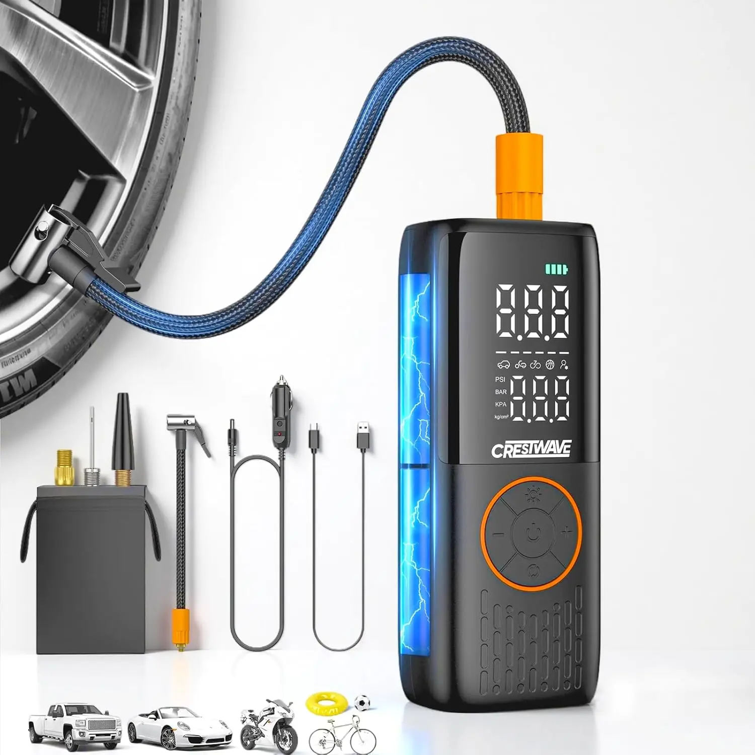 

Беспроводной насос для шин 150PSI, портативный воздушный компрессор 20000 мАч с автоматическим отключением и цифровым манометром для автомобиля, велосипеда, мотоцикла