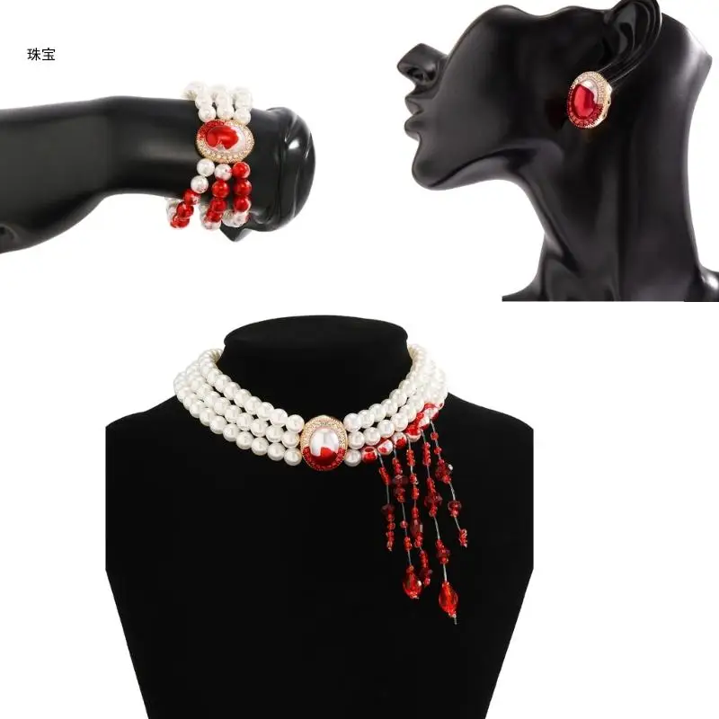 X5QE Multilayer Blood Pearl Choker Halloween Blood Pattern Necklace Bracelets Earring Gothic Statement Dripping Blood Earring