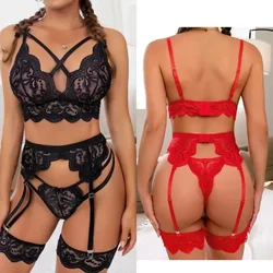 Sexy Women's Underwear Set Female Sexy Costumes Erotic Lingerie Women Bra and Panty Garters 3pcs See Through Lingerie Sets