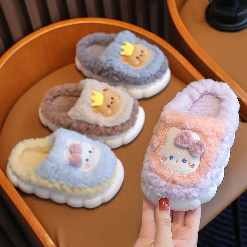 2024 New Winter Cute Rabbit Bear Cotton Flip Flops Children\'s Plush Slippers For Girls Boys Home Indoor Fluffy Mule Kids Shoes