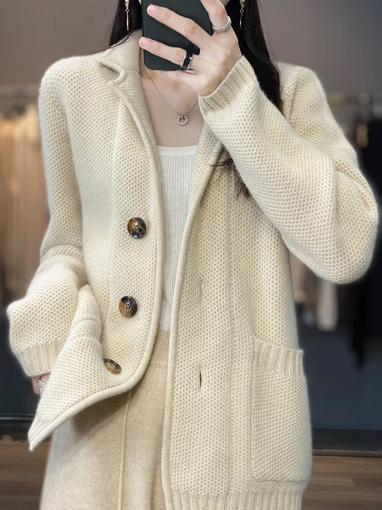 100% Merino Wool Cardigan Women\'s Suit Collar CashmereCoat Casual Knitting Thickened Jacket Fashion Korean Autumn Winter Tops