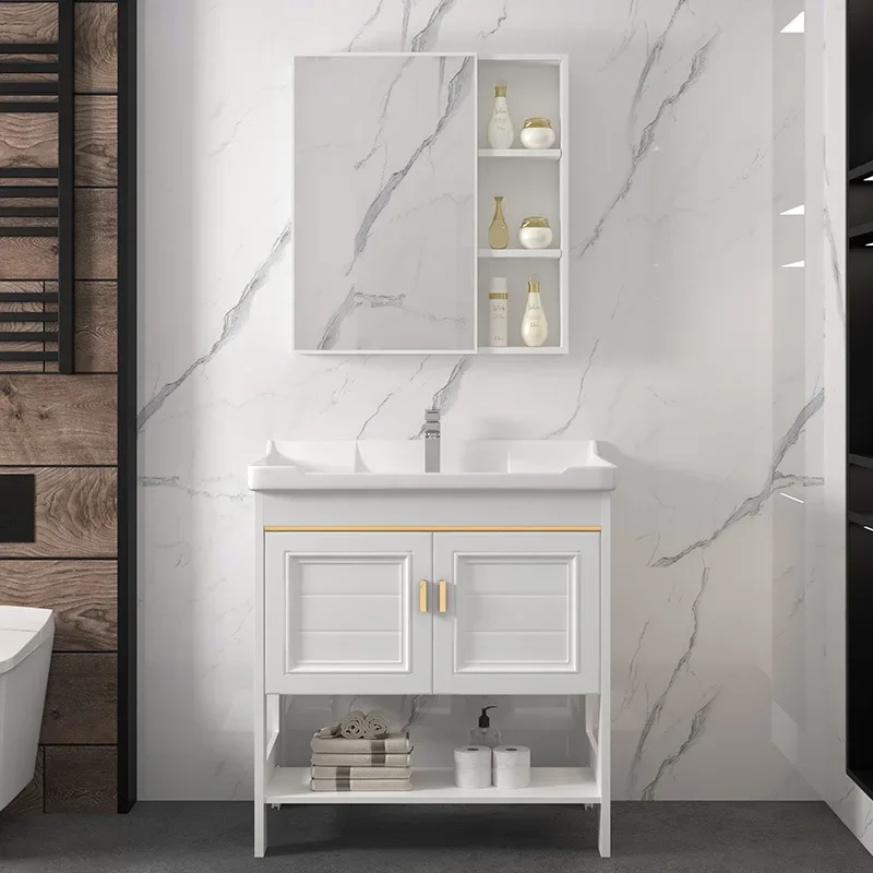 Simple Floor Bathroom Vanity Cabinet with Ceramic Sink  White Storage Unit with Soft-Close Drawers Water-Resistant Wood Base