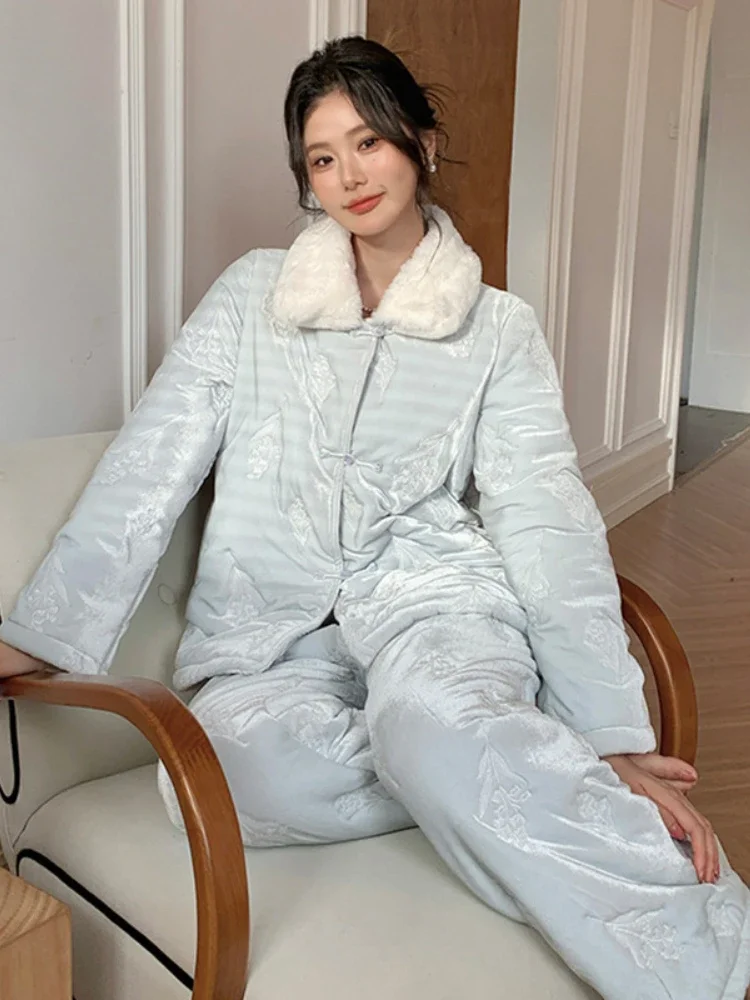 French Three-Layer Quilted Pajamas Winter Long-Sleeved Trousers Warm Two-Piece Cardigan Princess Style Casual Home Clothes Women