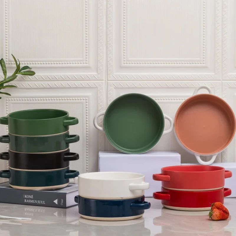 Round Binaural Baking Pan High Temperature Oven Dedicated Ceramic Plate Dinner Plate Dish Fruit Salad Bowl Decorative Tableware