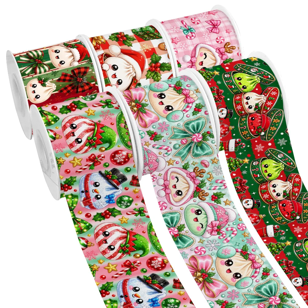 5yards Bao Cartoon Merry Christmas Dumplings Printed Grosgrain Ribbon for Cheer Bows DIY Girl Headwear Hair Bows Satin Ribbon