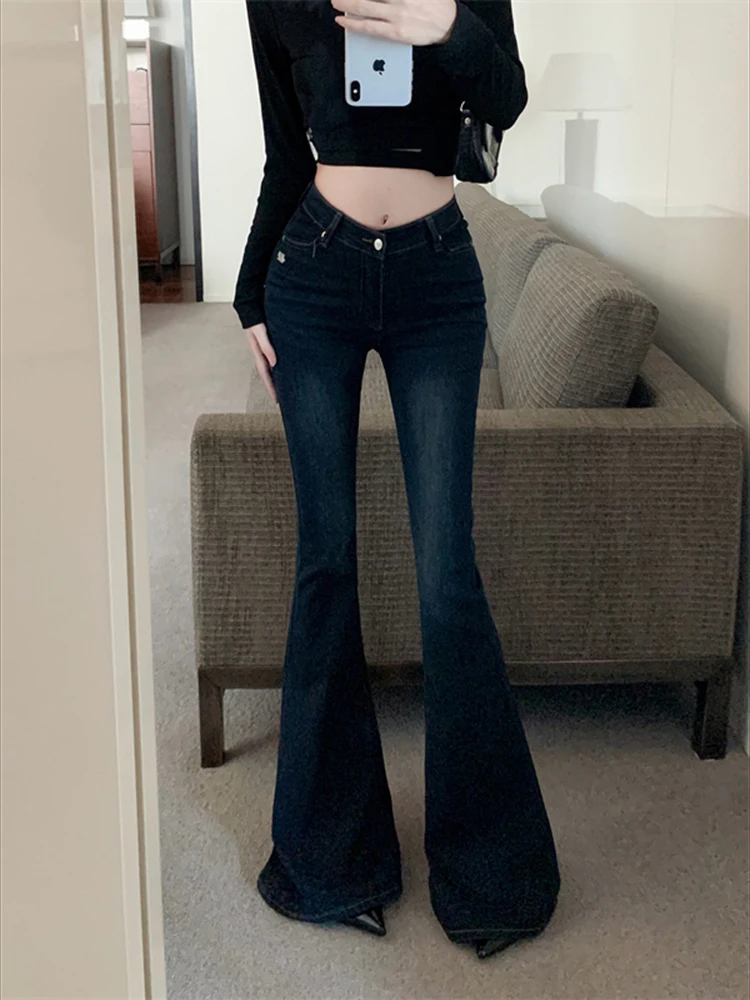 레트로 블루 마이크로 플레어 진 여성 여름 슬림핏 하이웨이스트 캐주얼 만능 패션 롱 팬츠