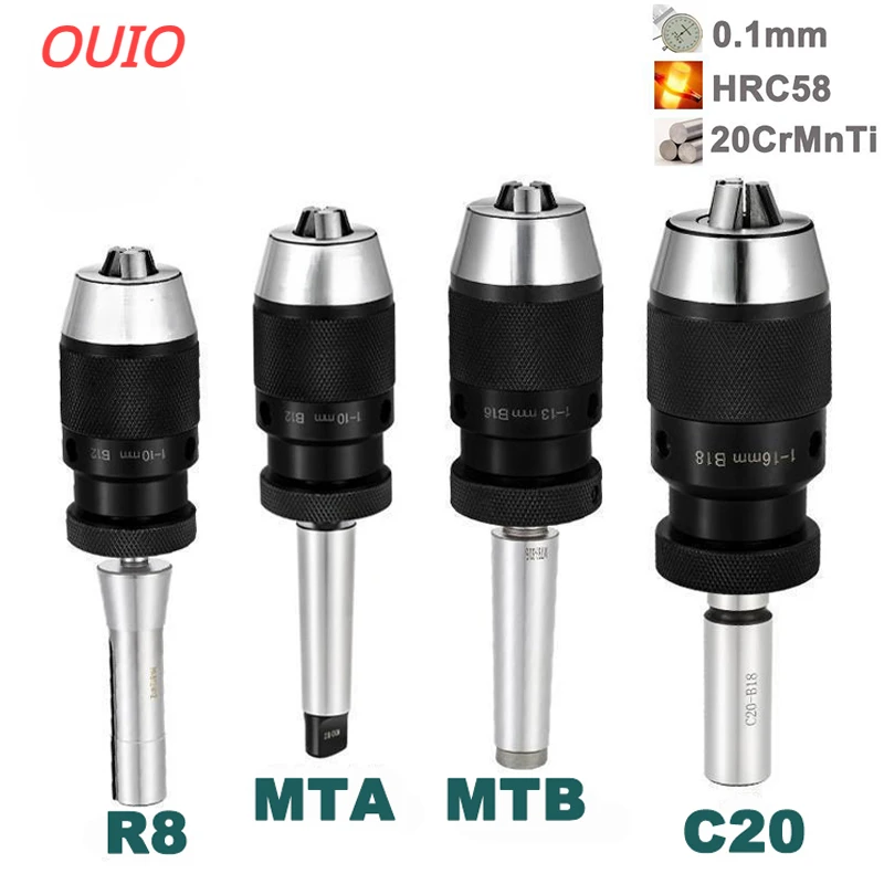 OUIO Automatic Locking Self-tightening Drill Chuck Keyless B10 B12 B16 B18 B22 Lathe tools Toolhoder MTA MTB R8 C20 For Drill