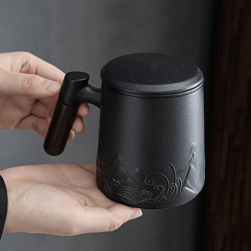 

Creative Ceramic Gradient Color Tea Cup, with Cover, Chinese Style Office Supplies, Handle, Tea Water Filter Separation Mug, 1Pc