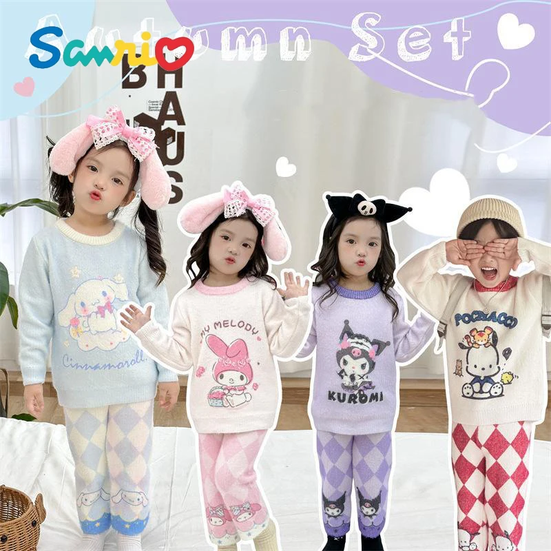 Anime Sanrios My Melody Cinnamoroll Kuromi Pochacco Kawaii Warm Kids Home Pajamas Suit Cute Girl Boy Sweater Set Toddler Clothes