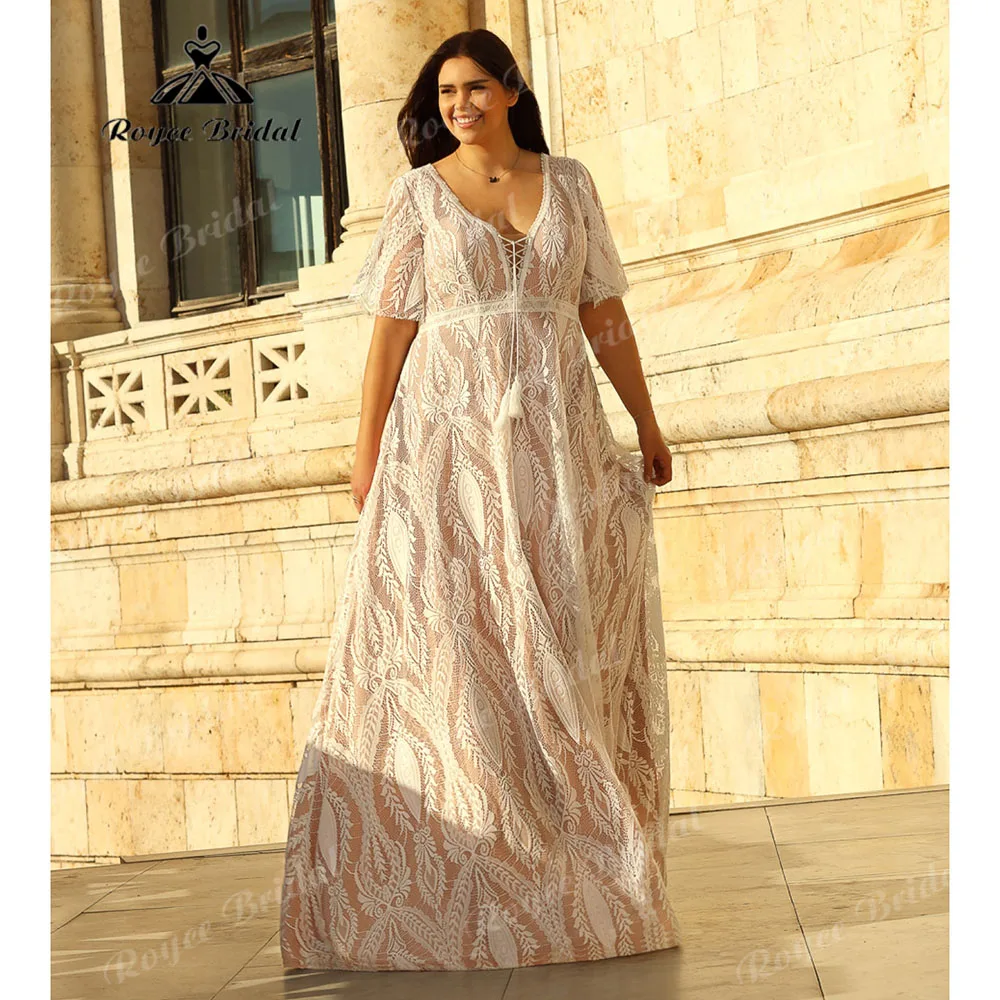 Sexy Lace Boho Dusty Pink Plus Size Hippie Wedding Dress with Short Sleeve robe mariee boheme Elopement Bridal Gown Custom Made