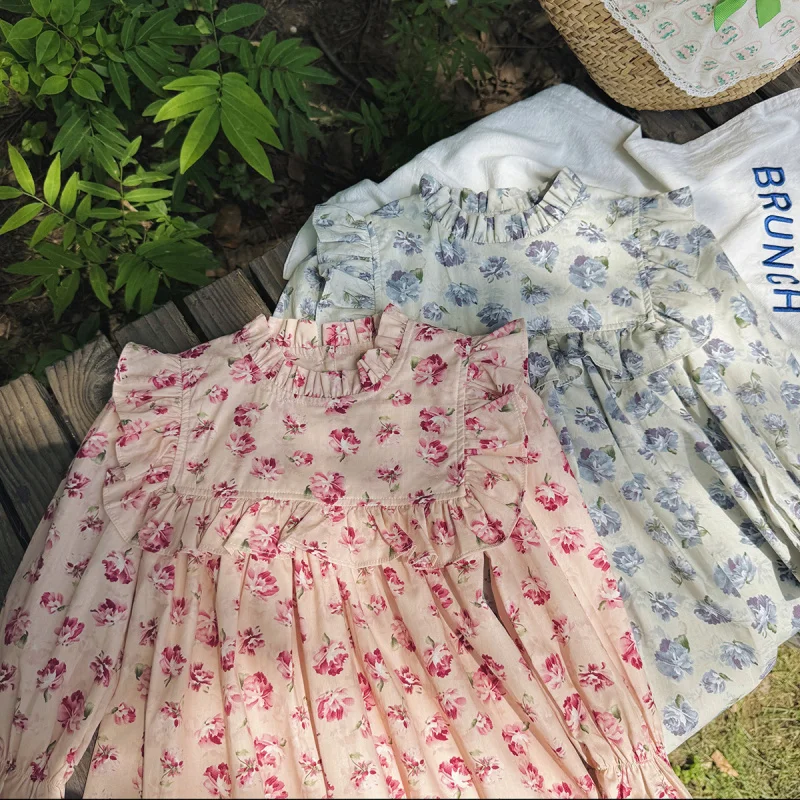 

French retro floral ruffle long-sleeve girls' dress2025Autumn New Sweet Children's Princess Dress Wholesale
