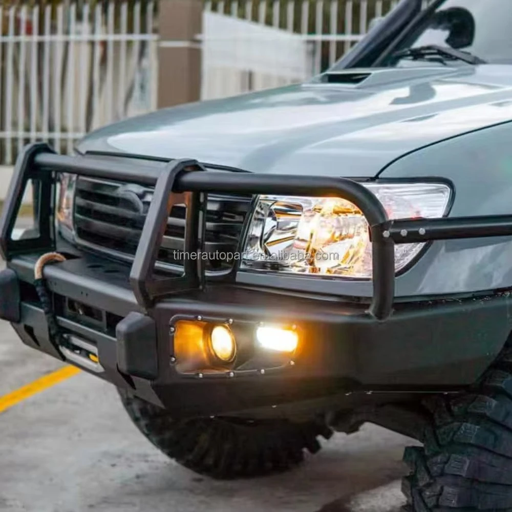 4WD Offroad Black Power Coated Protector Front Winch Bumper Steel Bull Bar For Land Cruiser LC100 100 Series With Lights