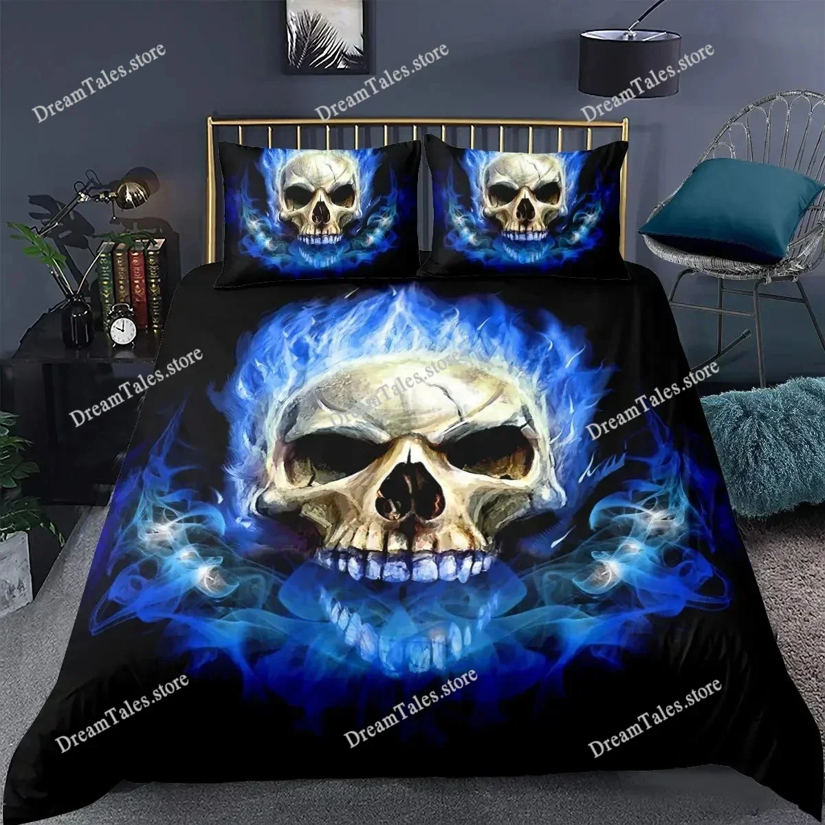 Black Blue Flame Skull Duvet Cover Set Full Size 3D Skeleton Bones Bedding Set Gothic Comforter Cover Horror Skull Quilt Cover
