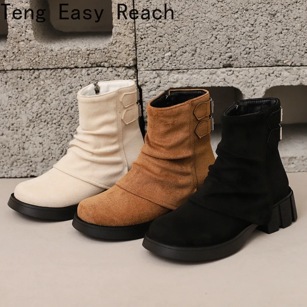 2026 Brown Leisure Female Ankle Boots Round Toe Thick Heel Side Zipper Flock Faux Suede Non Slip Soft Daily Bota plus size 33-43