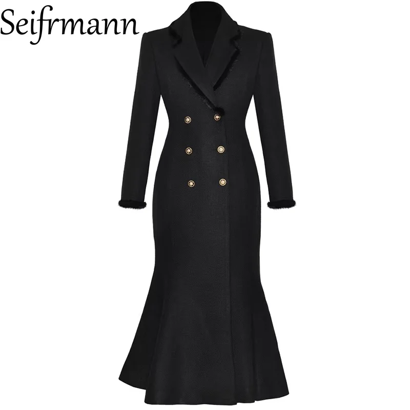 Seifrmann 2026 Spring Women's New Fashionable lapel Long Sleeve Double breasted Waist cinching Fishtail Windbreaker ﻿