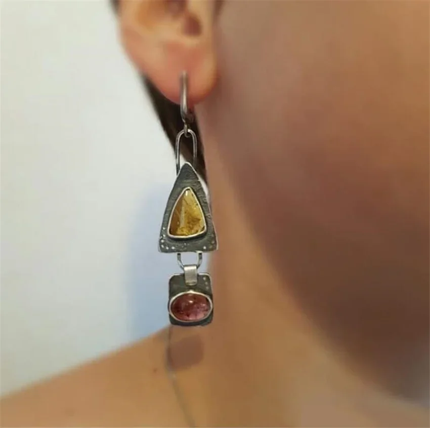 Triangular Square Vintage Geometric Purple Orange Retro Dangle Earrings Women Ethnic Irregular Earrings Custom Jewelry