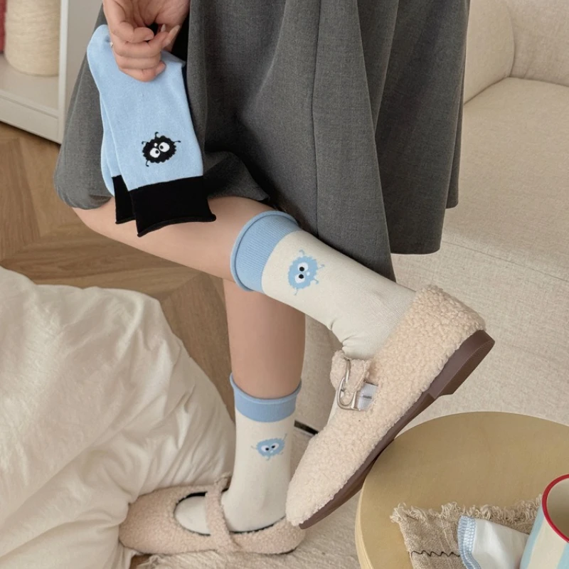 Color Matching Socks Women Print Cute Cartoon Japanese Kawaii Socks Korean Harajuku Heart Print Lolita Girls Middle Tube Socks