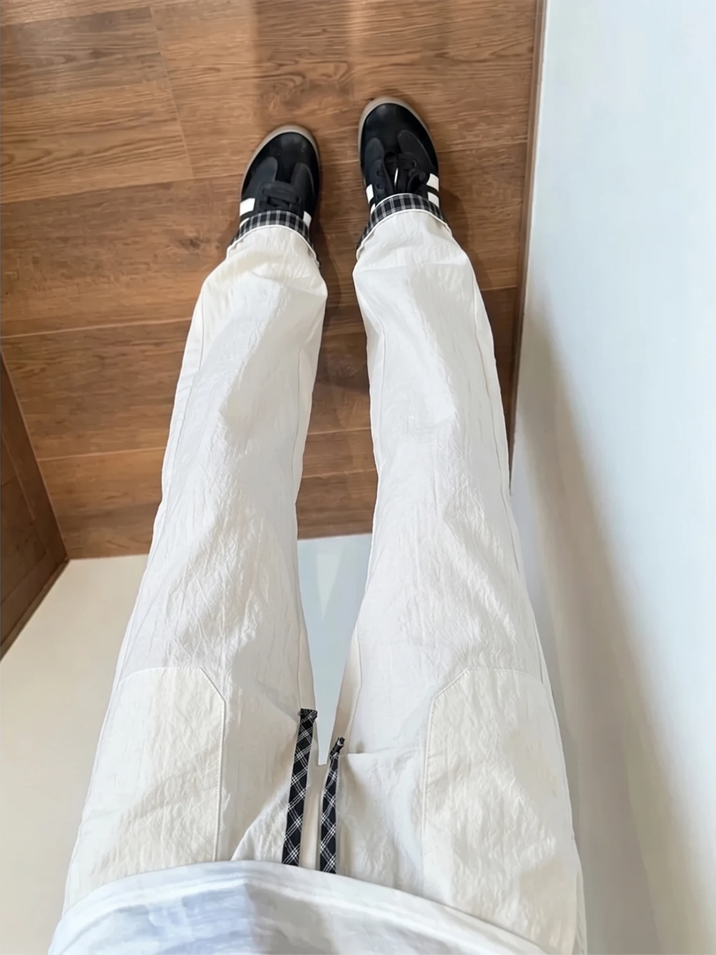 White Checkered Splice Quick Dry Casual Pants Men Summer Thin Loose Breathable Straight Leg Sports Pants Cleanfit