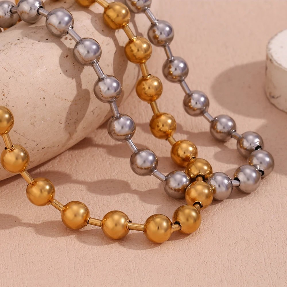 E.B.belle Halskette mit runden Perlen, schlicht, hypoallergen, silberfarben, 316L-Edelstahl, Schmuck, 18 Karat vergoldet, Dekoration – Detail 7