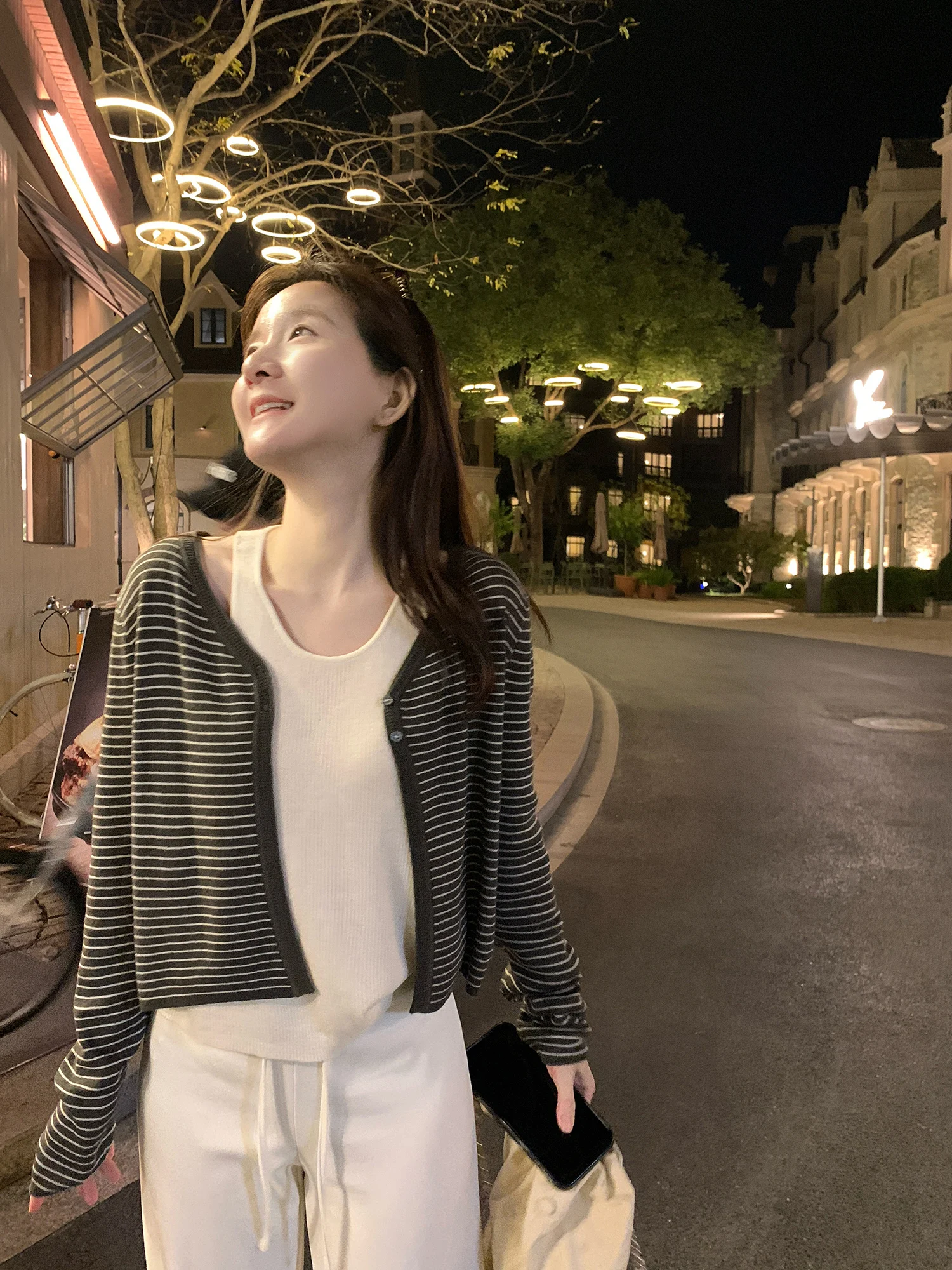 

XierZ Women's Knitted Cardigan Vest Striped Patchwork Fake Two-Piece Long Sve round Ne ort Length Button Closure Spring