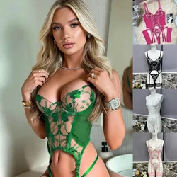 Women Ladies Sexy Lingerie V Neck Embroidery Floral Transparent Underwear Hot Intimate Set Sleeveless