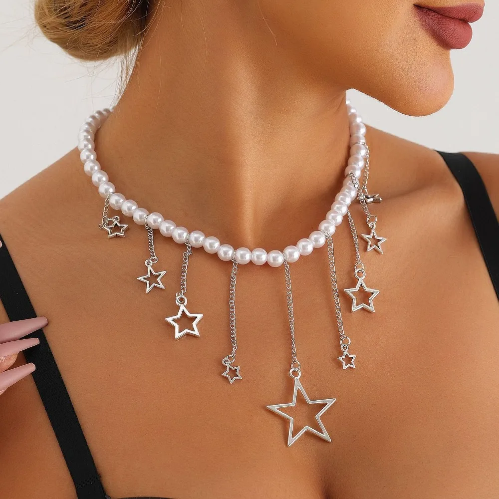 Imitation Pearls Necklace Cool Neckchain Cross Star Diamond Necklaces Adjustable Sweet Choker