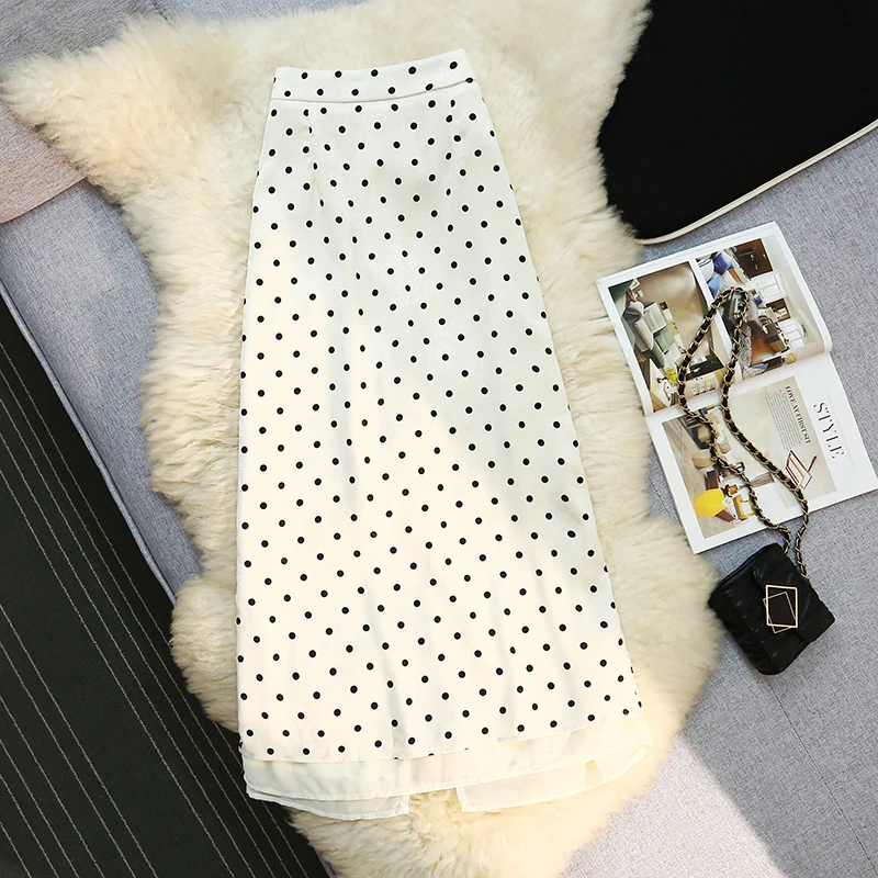 Summer Print Polka Dot Split Straight Skirts Fashion High Waist Slim Commuter Elegant Skirt Vintage French Women's Long Skirts