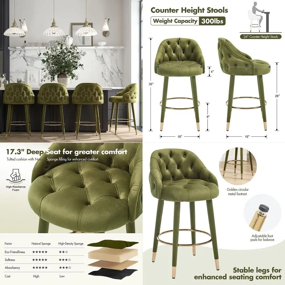 

Green Bar Stools Set of 4, Upholstered Velvet Counter Height Bar Stool with Wood Legs, Botton Tufted Barstools, Mid Century Cou