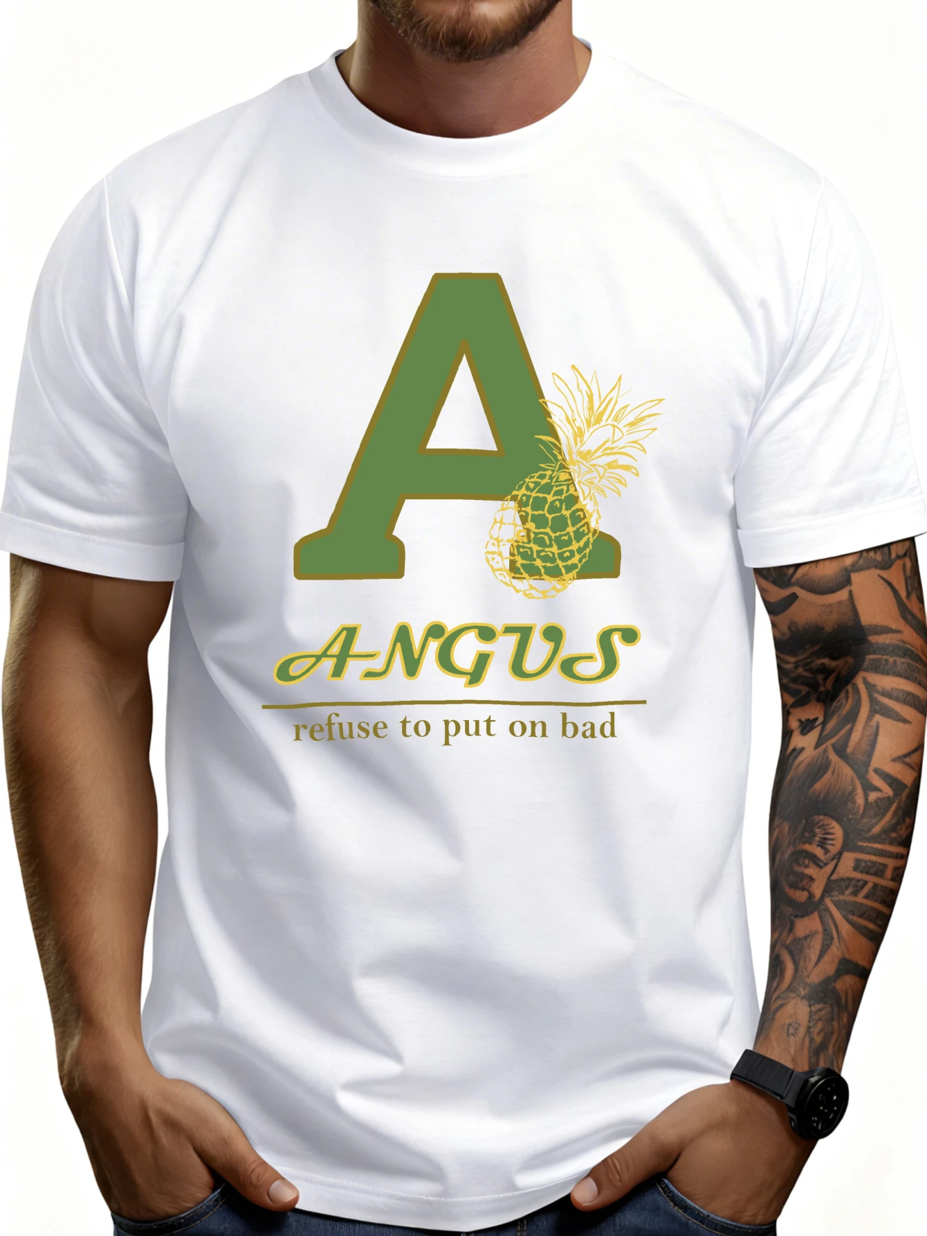 Casual Style Men's T-Shirt with a Pineapple and Letter a Design, with the Text 