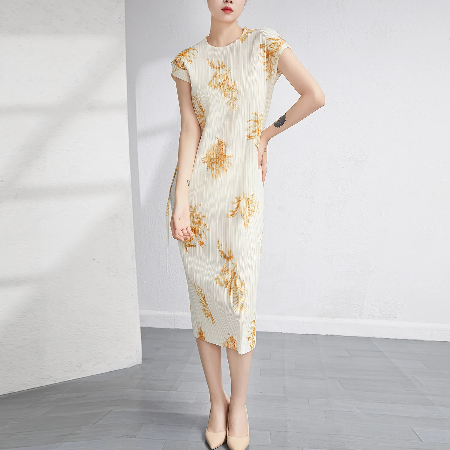

miyake pleated 2022 summer casual dress fashion slim print loose thin long dress for women