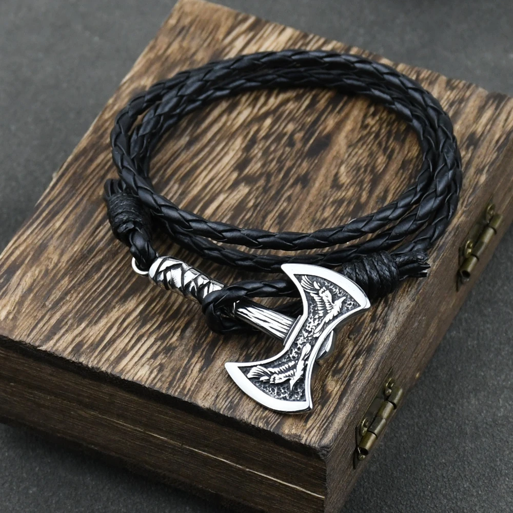 Men's Jewelry Odin Raven Axe Wrap Viking Bracelet Men's Leather Accessories Hatchet Handmade Pirate Bracelet For Male