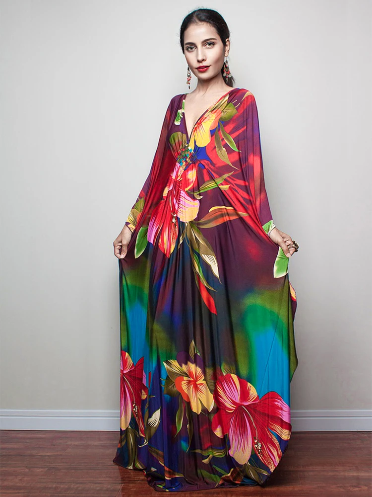 Sexy Print Deep V-neck Dress Batwing Sleeve Long Dresses Women 2023 Summer Dress Beachwear Bohemian Women Kaftan Q1289