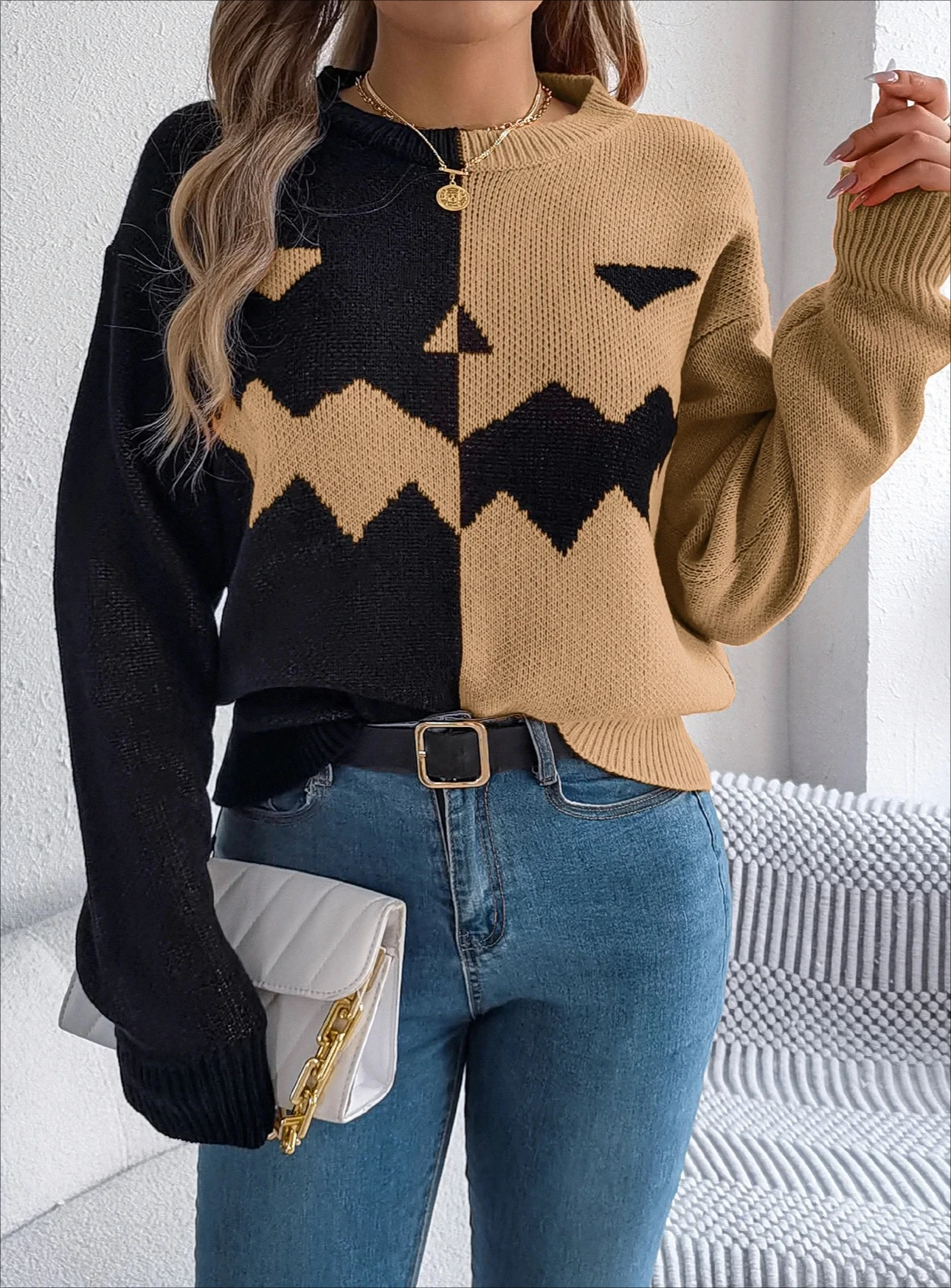 Pullover lavorato a maglia a maniche lunghe con scollo tondo casual autunno inverno Maglioni con motivo zucca a contrasto di colore da donna di Halloween