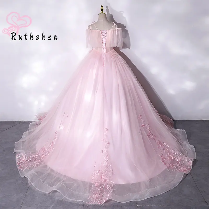 Rosa Ballkleid Prom Kleider Weg Von Der Schulter Sehen Durch Abendkleider mit Spitze Appliques Puffy Sexy Robe De Soiree