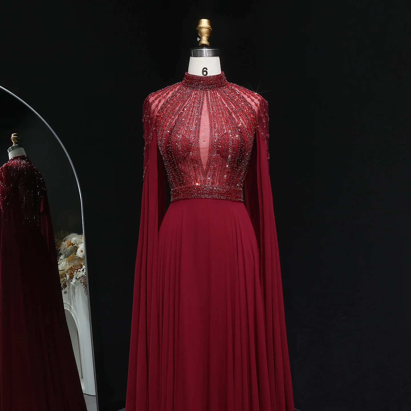 

Sharon Said Arabic Long Burgundy Evening Dress with Cape Sleeve Beaded Elegant Women Wedding Party Gowns SF338 Customized