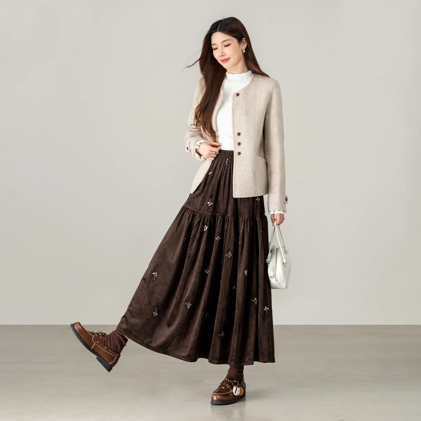 SENTUBILA Women's Elegant Skirt 2026 Embroidered Beaded Autumn Winter Fine Pleats High Waist Swing A Line Long Skirt W64QA8950
