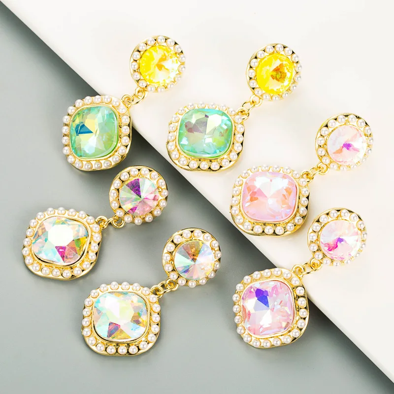 ins Bright Geometric Pearl Earrings, Alloy Rhinestones Fashion Temperament S925 Silver Needle Earrings