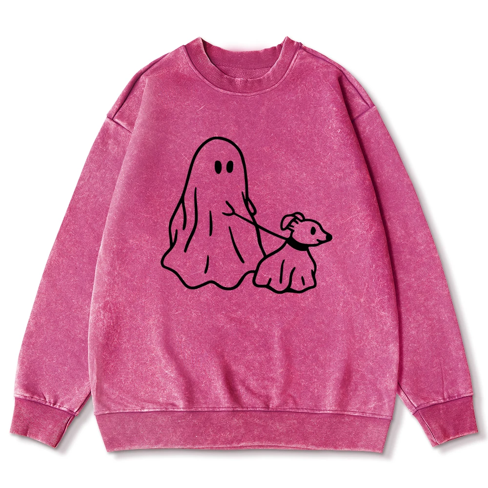 

The Ghost Pulling The Dog Print Hoody Women Street Soft Washed Sweatshirt Cotton Warm Pullovers Casual Oversize Streetwear