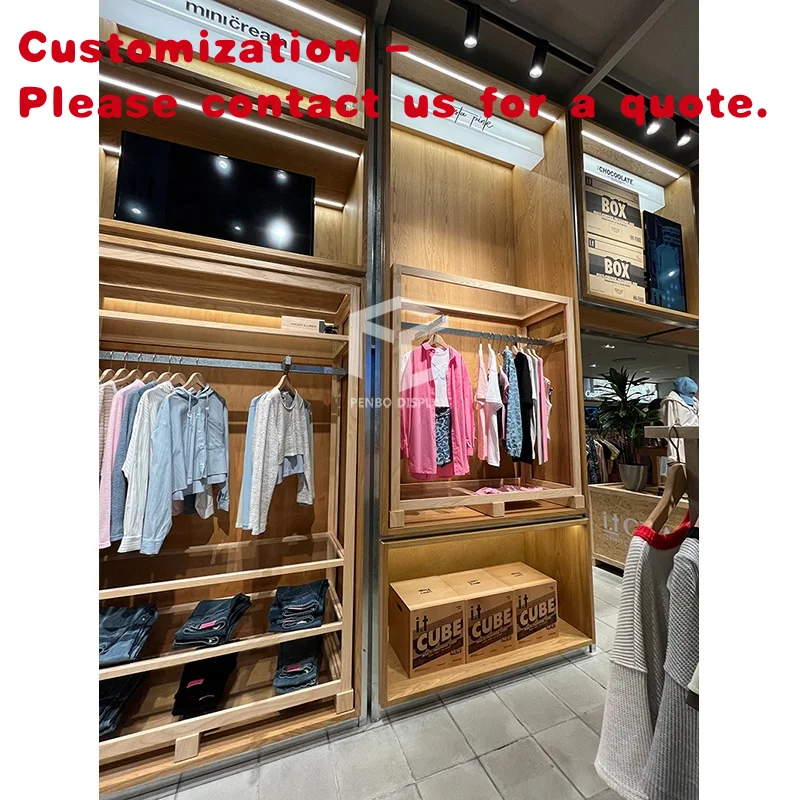custom.Wood Wall Display Shelf with Hanger Pretty Garment Racks and Clothes Display Stand Retail Clothing Store Furniture