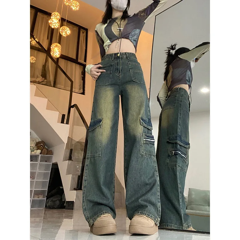 

Design Tooling Multi-pocket Jeans Women's Spring and Autumn Large Size Fat Mm High Waist Skinny Loose Straight Wide Leg Pants