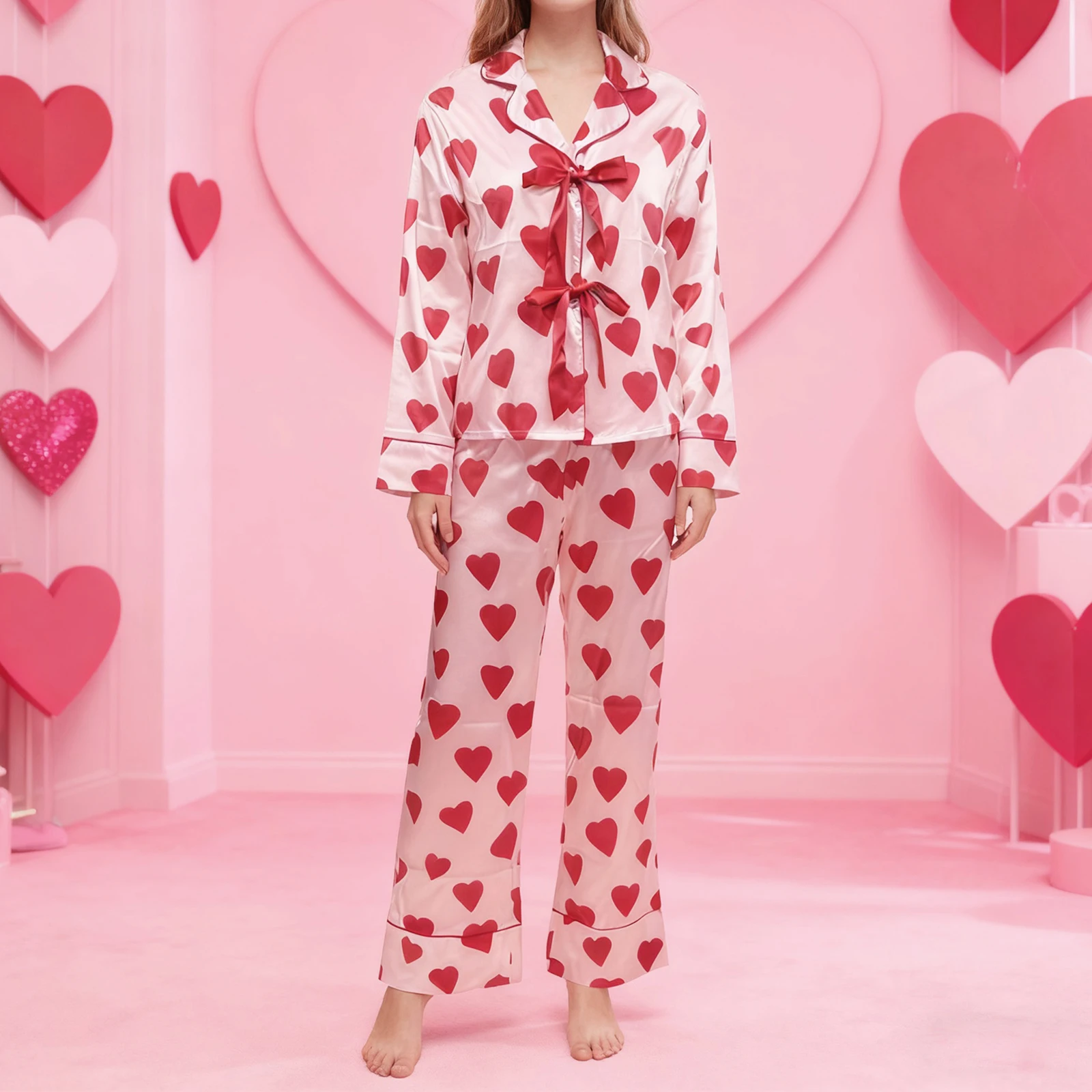 

2Pcs Valentine's Day Pajamas Sets for Women Long Sleeve Lapel V Neck Heart Print Tops and Elastic Waist Pants Sleepwear