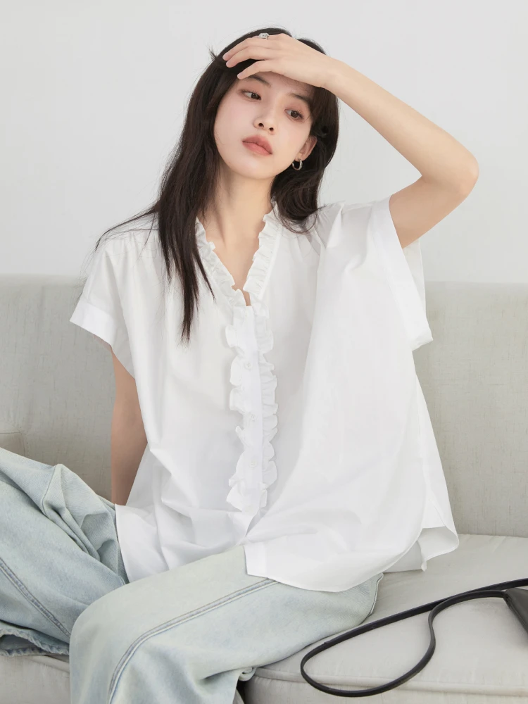 CHIC VEN-camisas holgadas informales de algodón con borde con volantes para mujer, camisa blanca de manga corta, blusas femeninas para verano 2025