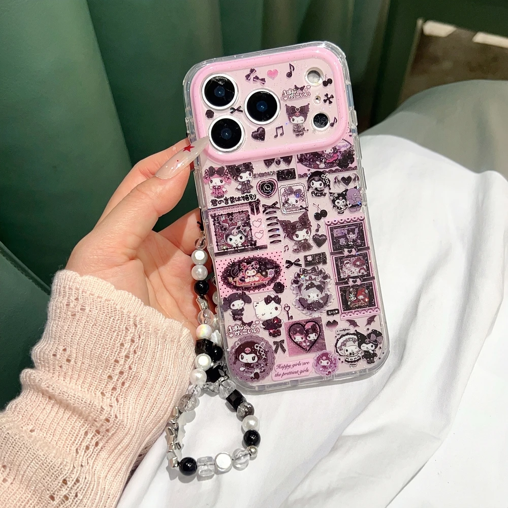 Fashion Japanese Cute Cartoon Sanrio Kuromi Phone Case For iPhone 17 16 15 14 13 Pro Max Case Shockproof Hard Cover With Lanyard